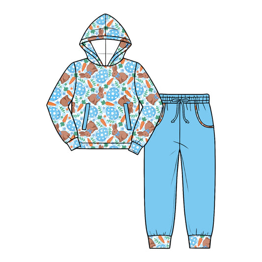 9.25 BLP1635 Preorder Bunny Eggs Carrot Checkered Hoodie Top Blue Pockets Pants Boys Easter Clothes Set