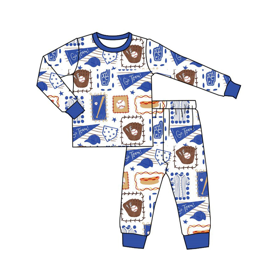 9.29 Preorder BLP1637 Kids Boys Go Team Baseball Long Sleeve Pajama Set with Ruffle