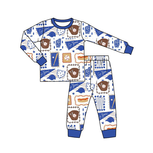 9.29 Preorder BLP1637 Kids Boys Go Team Baseball Long Sleeve Pajama Set with Ruffle