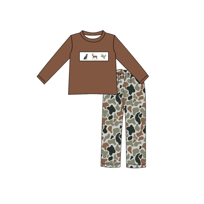10.30 BLP1659 Preorder Duck Dog Deer Camo Brown Top Camo Pants Boys Fall Clothes Set