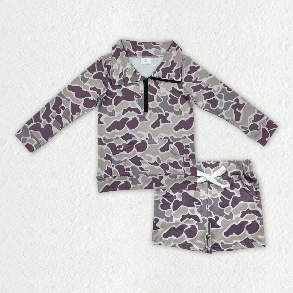 Sibling Baby Boys Camo Long Sleeve Zipper Pullover Top Pockets Shorts Outfit