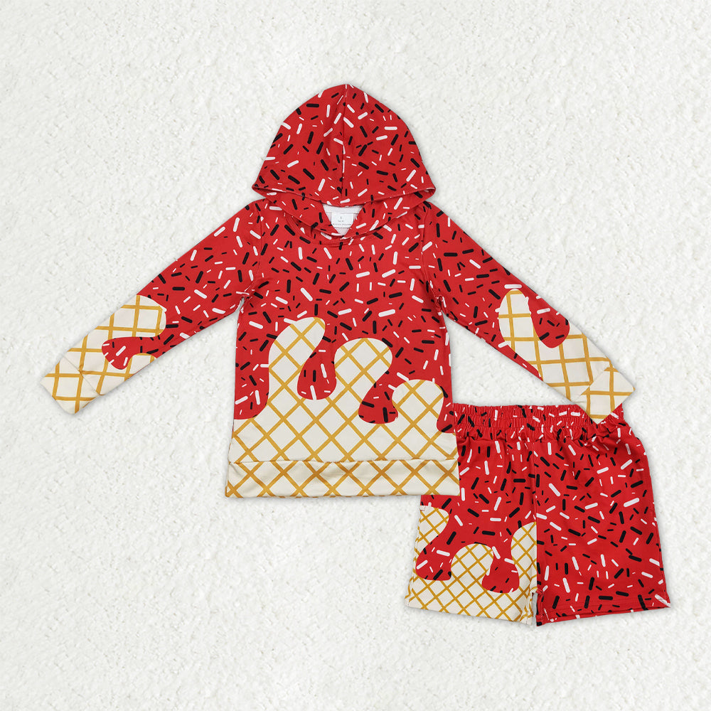 BLS0036  Red Sprinkle Hoodie Top Pockets Shorts Boys Clothes Set