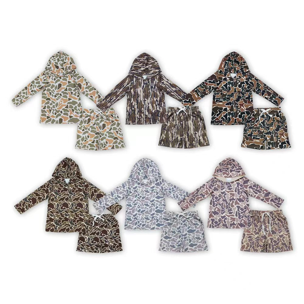 Camo Print Hoodie Top Pocket Shorts Boys Clothes Set Brothers Hunting Wear