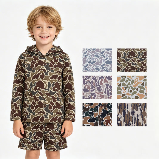 Camo Print Hoodie Top Pocket Shorts Boys Clothes Set Brothers Hunting Wear