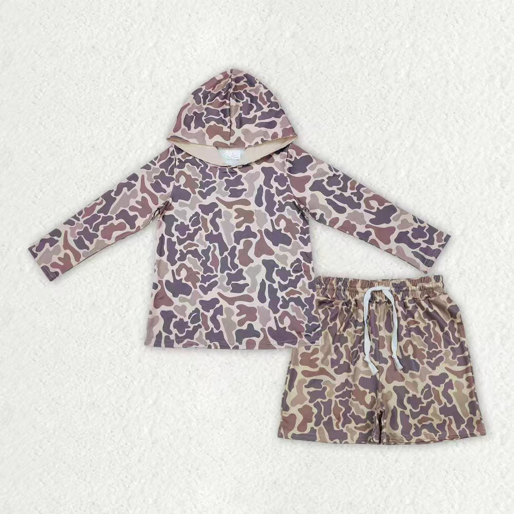 Camo Print Hoodie Top Pocket Shorts Boys Clothes Set Brothers Hunting Wear