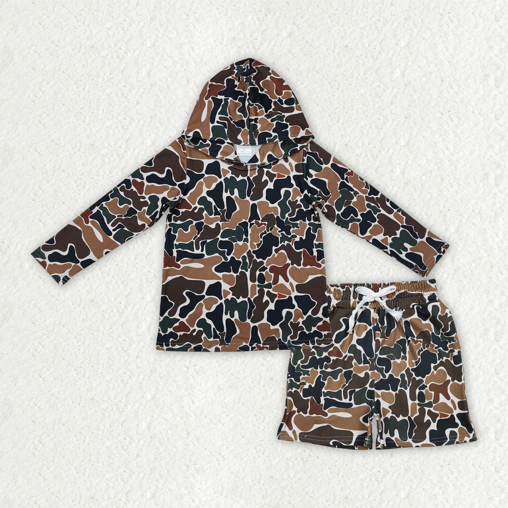 Camo Print Hoodie Top Pocket Shorts Boys Clothes Set Brothers Hunting Wear