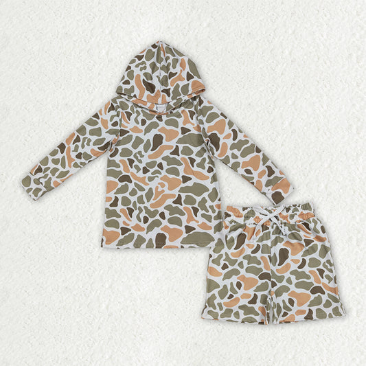 BLS0037  Green Orange Camo Hoodie Top Pockets Shorts Boys Clothes Set