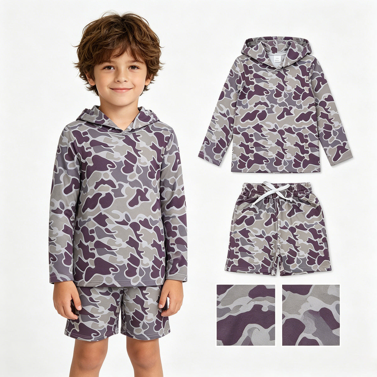 BLS0039  Dark Brown Orange Camo Hoodie Top Pockets Shorts Boys Clothes Set