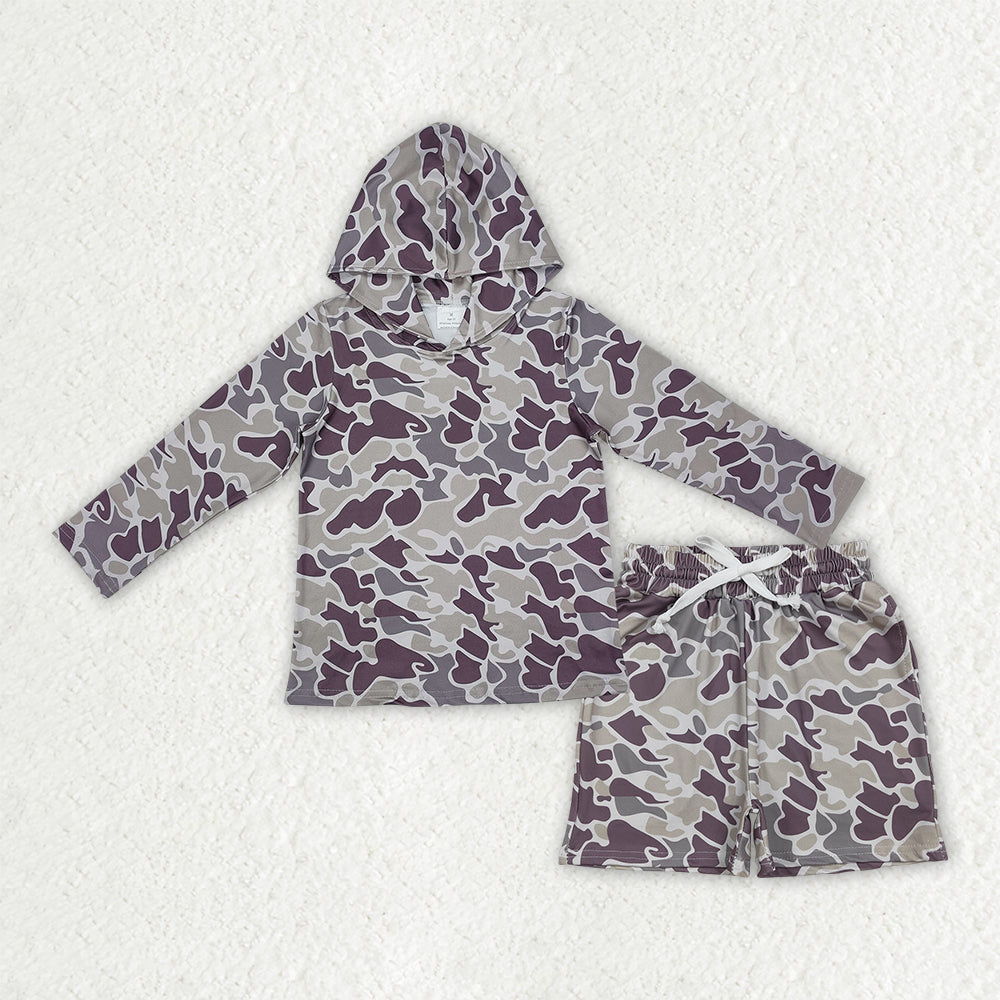 BLS0039  Dark Brown Orange Camo Hoodie Top Pockets Shorts Boys Clothes Set