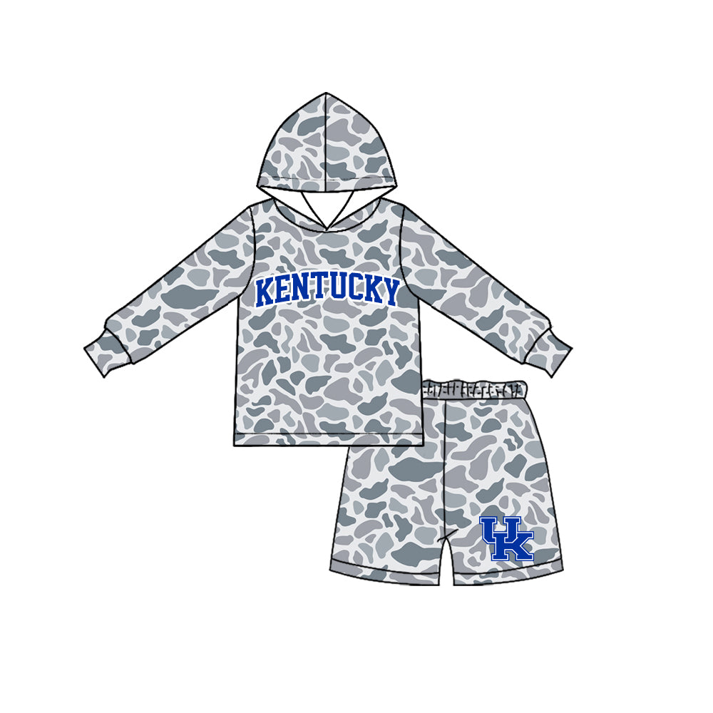 7.23 BLS0043 Preorder Teams Kentucky Grey Camo Hoodie Top Shorts Kids Clothes Set