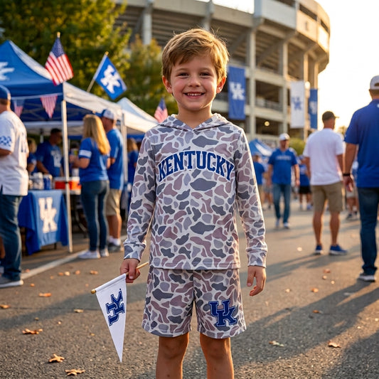 BLS0043 Teams Kentucky Grey Camo Hoodie Top Shorts Boys Clothes Set
