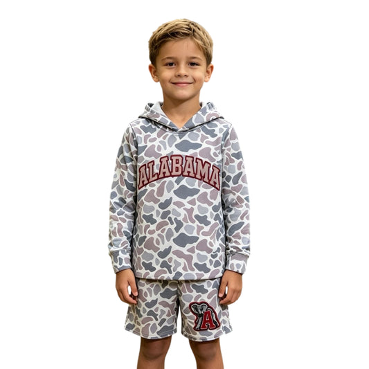 BLS0044 Teams Alabama Grey Camo Hoodie Top Shorts Boys Clothes Set