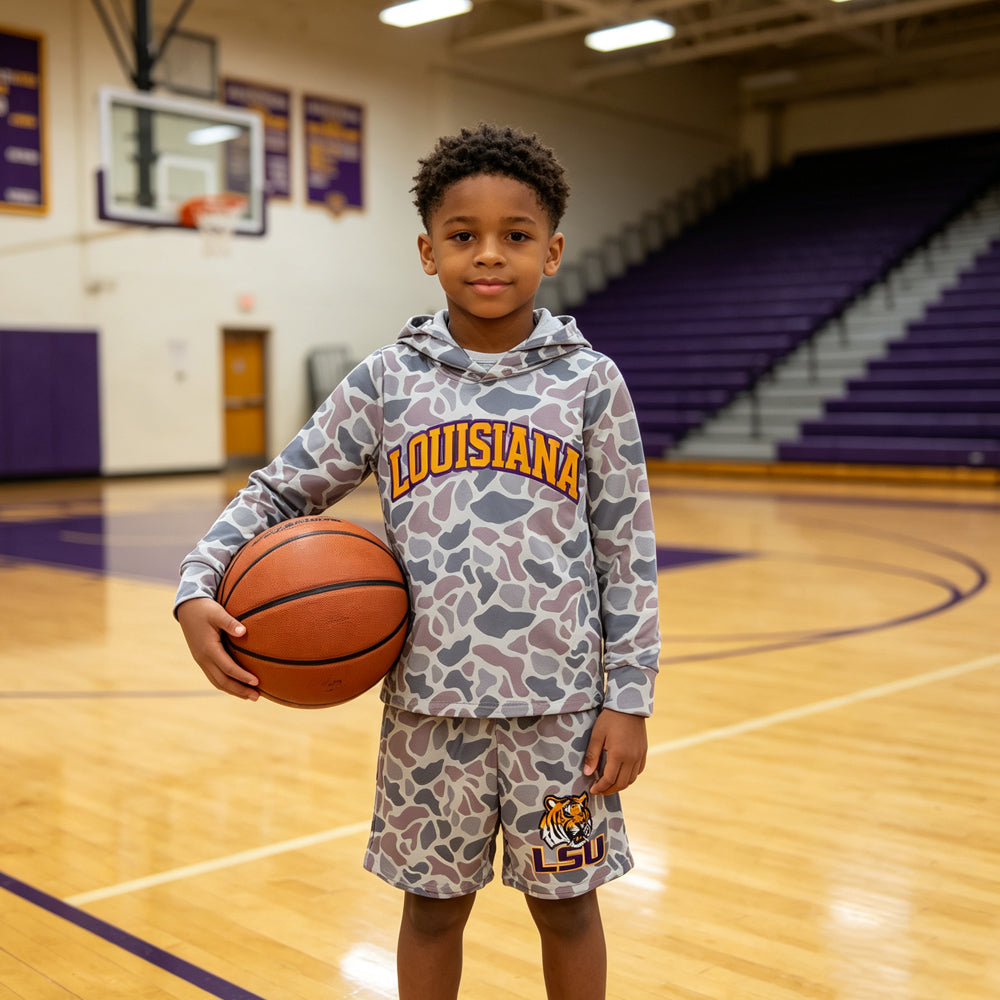 BLS0045 Teams Louisiana Grey Camo Hoodie Top LSU Shorts Kids Clothes Set