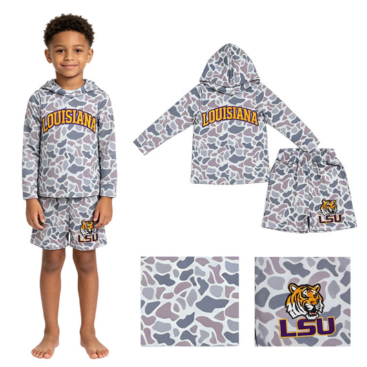 BLS0045 Teams Louisiana Grey Camo Hoodie Top LSU Shorts Kids Clothes Set