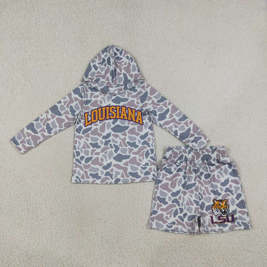 BLS0045 Teams Louisiana Grey Camo Hoodie Top LSU Shorts Kids Clothes Set