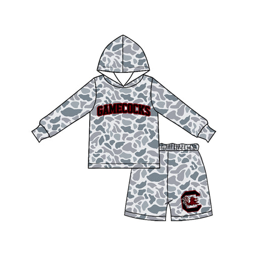 7.23 BLS0048 Preorder Teams Gamecocks Grey Camo Hoodie Top Shorts Kids Clothes Set