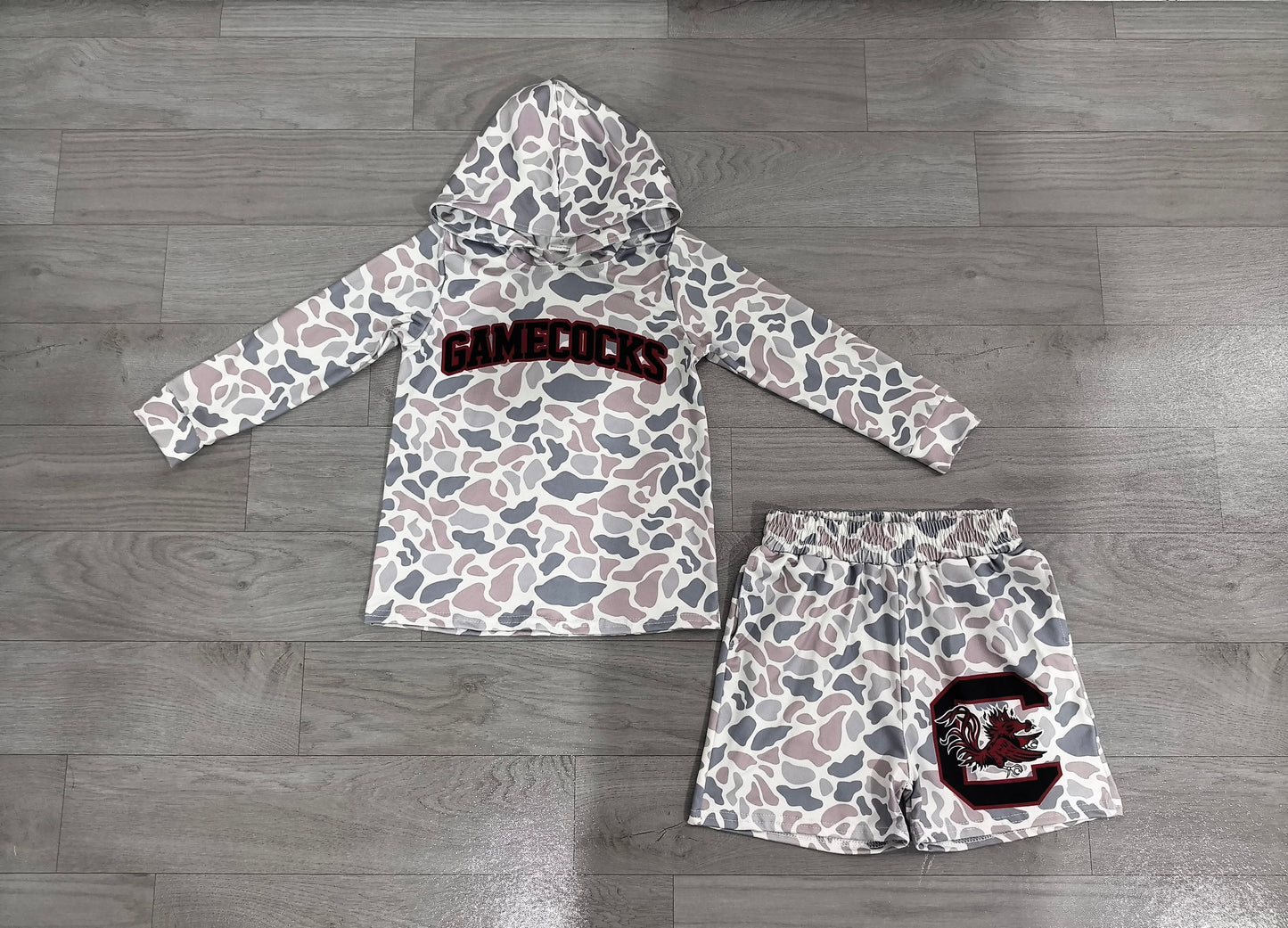 7.23 BLS0048 Preorder Teams Gamecocks Grey Camo Hoodie Top Shorts Kids Clothes Set