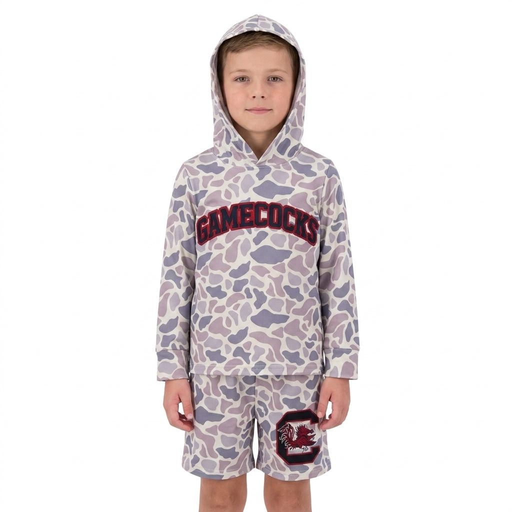 BLS0048 Teams Gamecocks Grey Camo Hoodie Top Shorts Boys Clothes Set