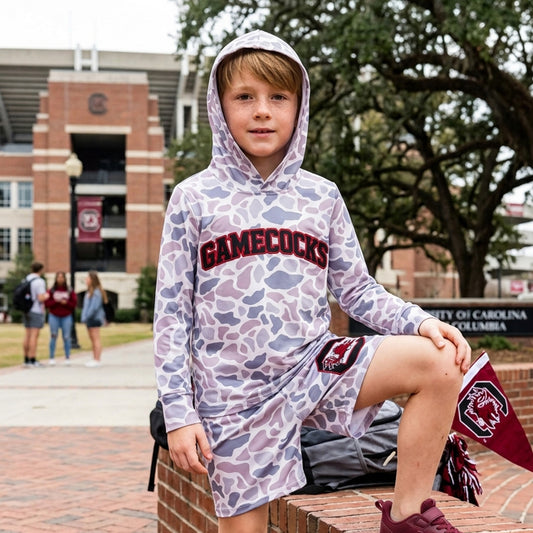 BLS0048 Teams Gamecocks Grey Camo Hoodie Top Shorts Boys Clothes Set