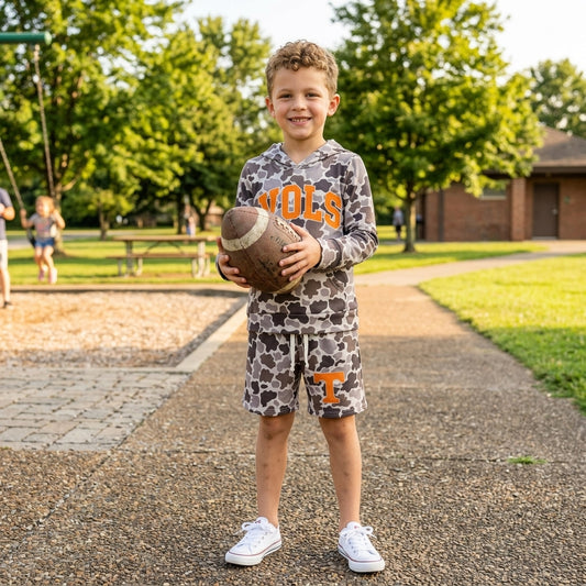 BLS0049 Teams Tennessee VOLS Dark Grey Camo Print Hoodie Top Shorts Boys Clothes Set