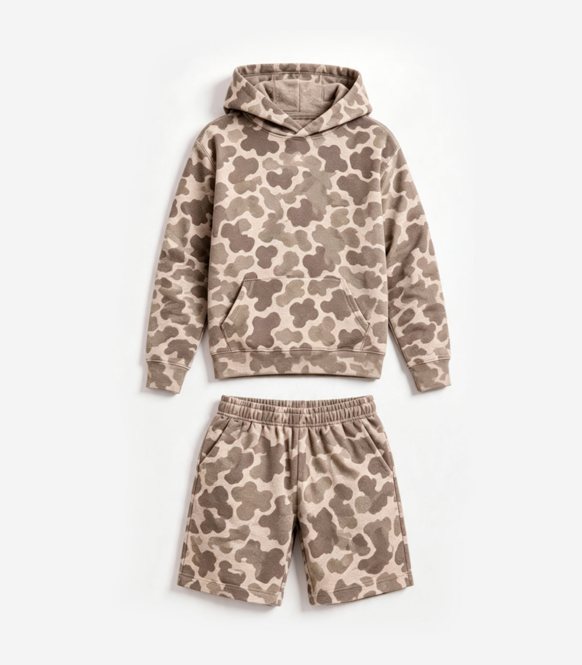 8.10 Preorder Kids Neutral Camo Hoodie & Shorts 2 Piece Outfit