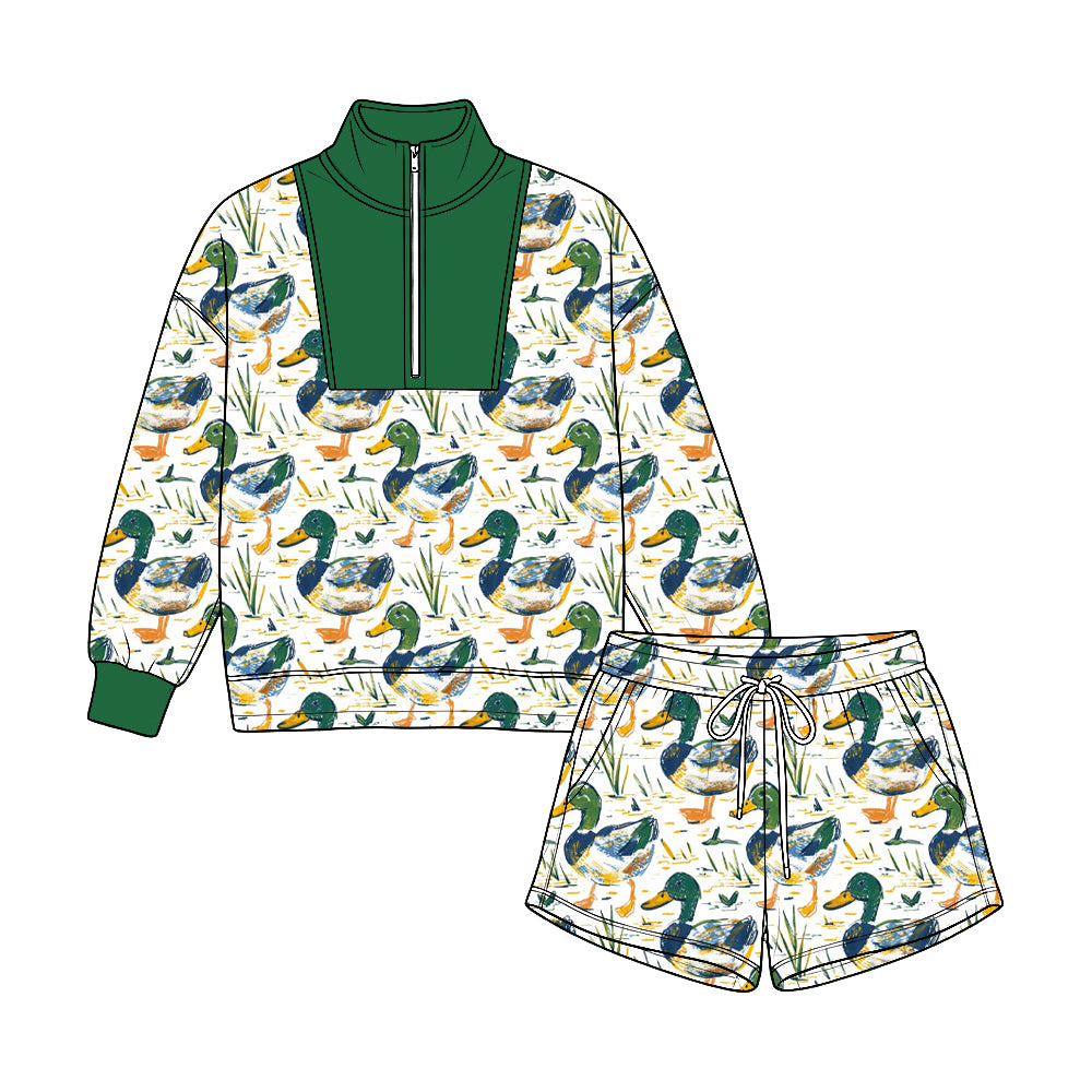 8.22   Preorder Mallard Duck Print Half‑Zip Pullover & Drawstring Shorts Set