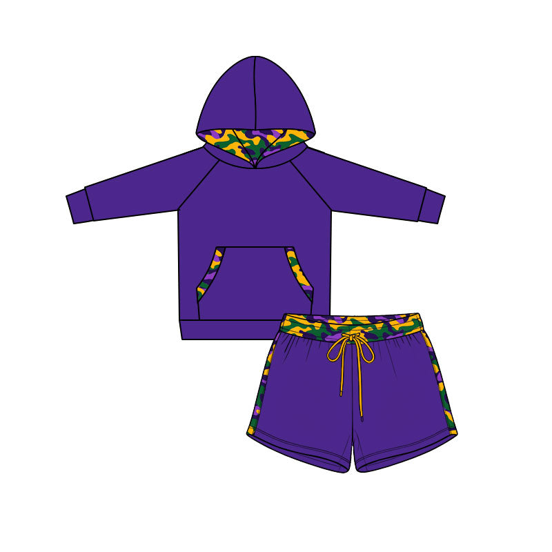 9.23 Preorder BLS0061 Kids Boys Mardi Gras Camo Purple Hoodie & Shorts Outfit