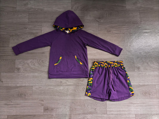 Preoder BLS0062  Baby Boys  Mardi Gras Purple Hoodie Top Shorts Outfit