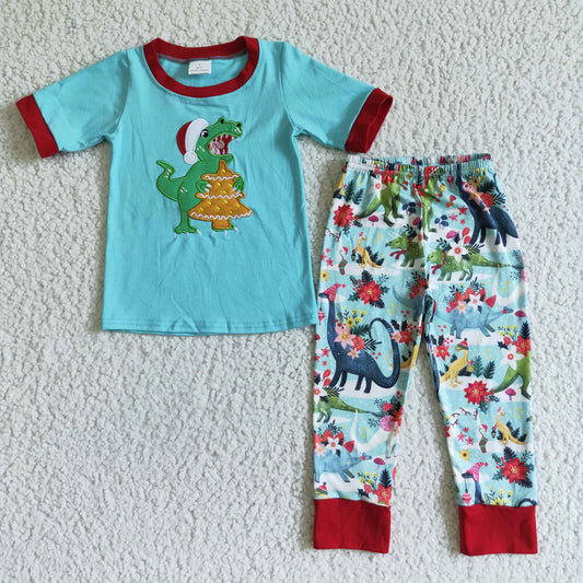 BSPO0008 Dino Tree Embroidery Blue Top Flowers Pants Kids Christmas Clothes Set