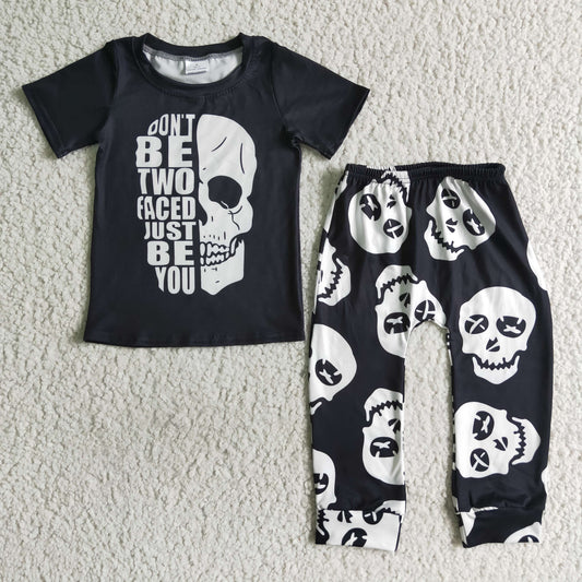 BSPO0016 TWO FACED JUST BE YOU Skull Black Print Boys Halloween Clothes Set