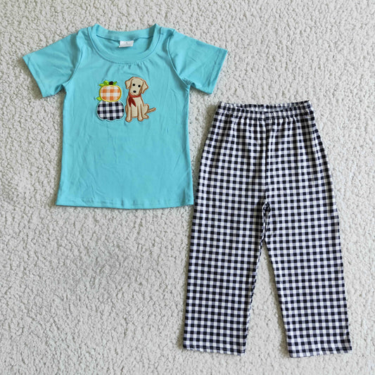 BSPO0017 Pumpkin Dog Blue Top Plaid Pants Boys Fall Clothes Set