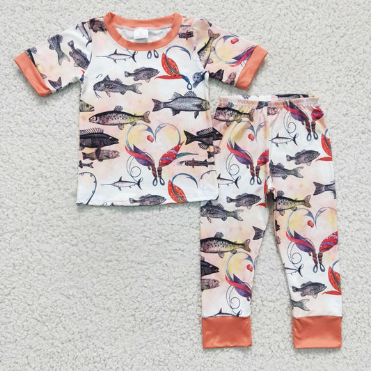 BSPO0041 Fishing Print Boys Pajamas Clothes Set