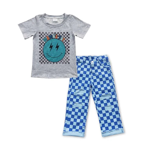 Mama's Boy Short Sleeve Top with Checked Dnim Pants Outfit