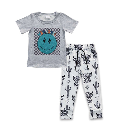 Mama's Boy Short Sleeve Shirt Top Highland Cow Cactus Print Pants Outfit
