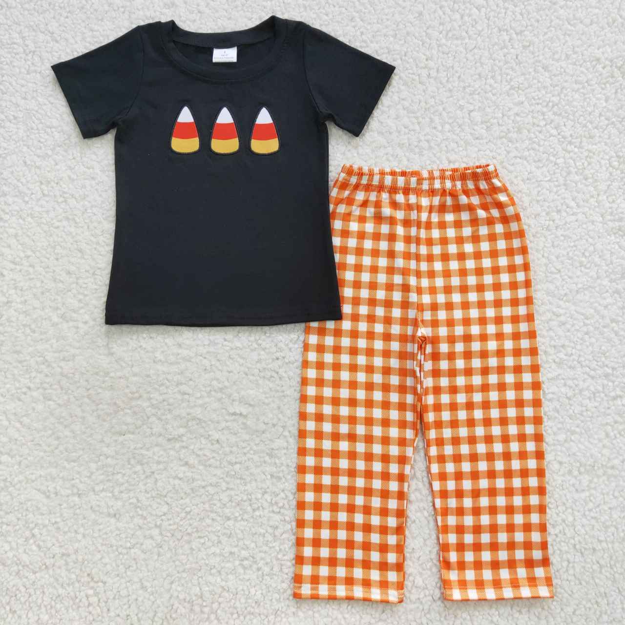 BSPO0121 Candy Embroidery Black Top Orange Plaid Pants Boys Halloween Clothes Set