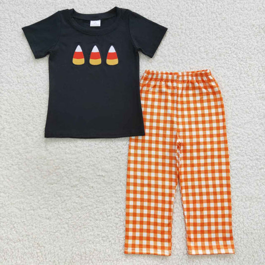 BSPO0121 Candy Embroidery Black Top Orange Plaid Pants Boys Halloween Clothes Set