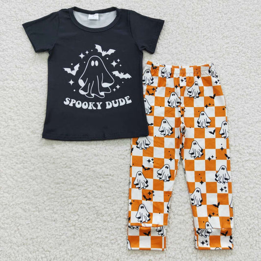 BSPO0128 Spooky Dude Black Top Orange Plaid Pants Boys Halloween Clothes Set