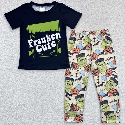BSPO0129 Franken Cute Black Top Pumpkin Pants Boys Halloween Clothes Set