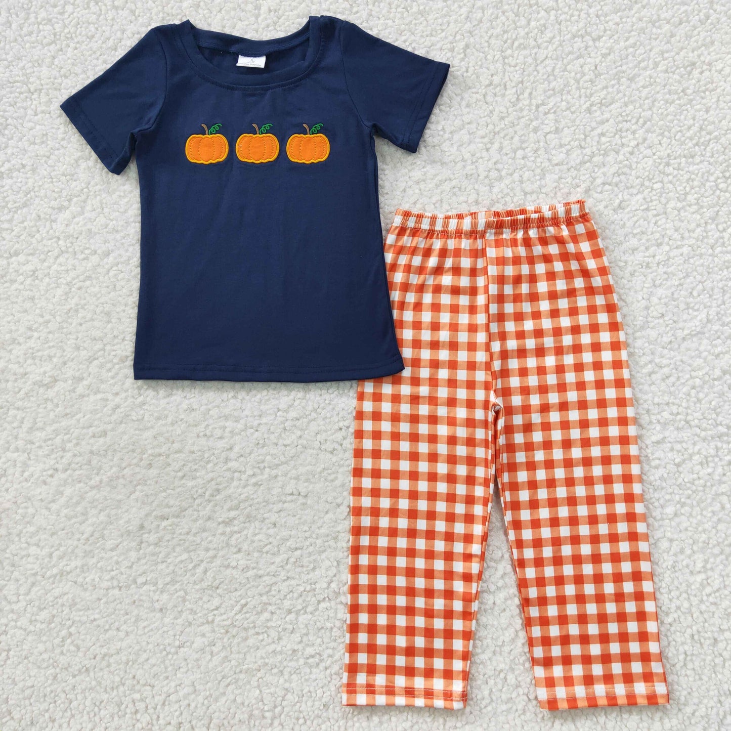 BSPO0145 Pumpkin Embroidery Navy Top Plaid Pants Boys Fall Clothes Set
