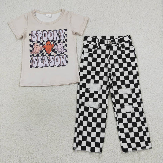 BSPO0156 SPOOKY SEASON Top Plaid Distressed Jeans Boys Halloween Clothes Set