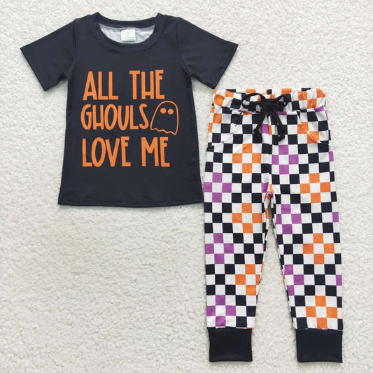 BSPO0160 ALL THE GHOULS LOVE ME Top Plaid Pants Boys Halloween Clothes Set