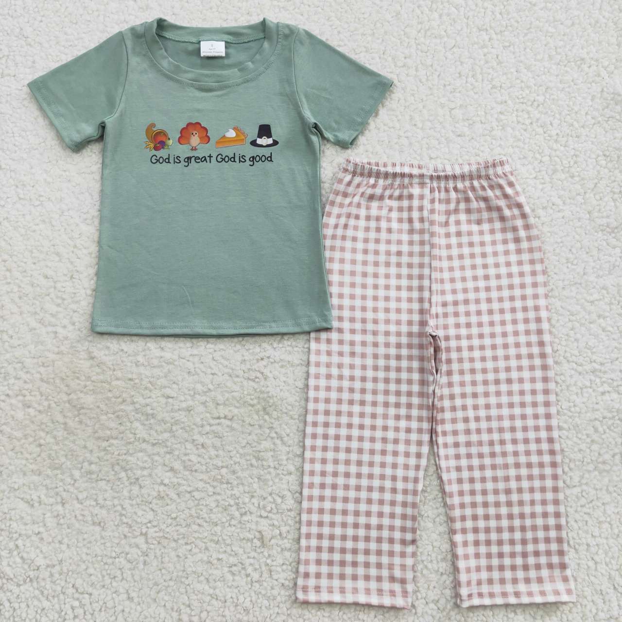 BSPO0163 Turkey Pie Vinyl Top Plaid Pants Boys Thanksgiving Clothes Set