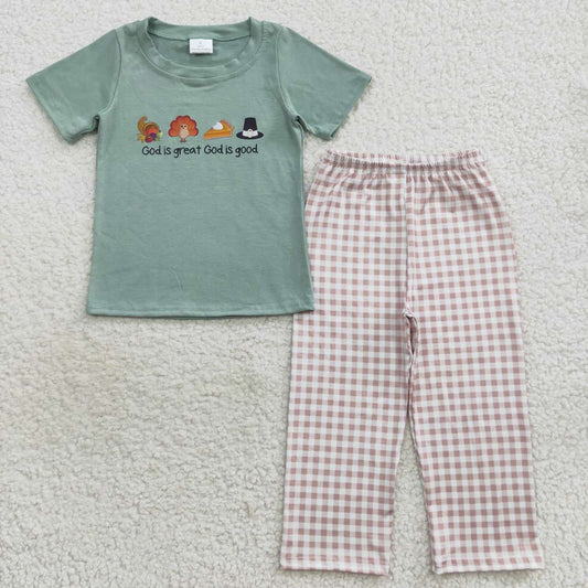 BSPO0163 Turkey Pie Vinyl Top Plaid Pants Boys Thanksgiving Clothes Set