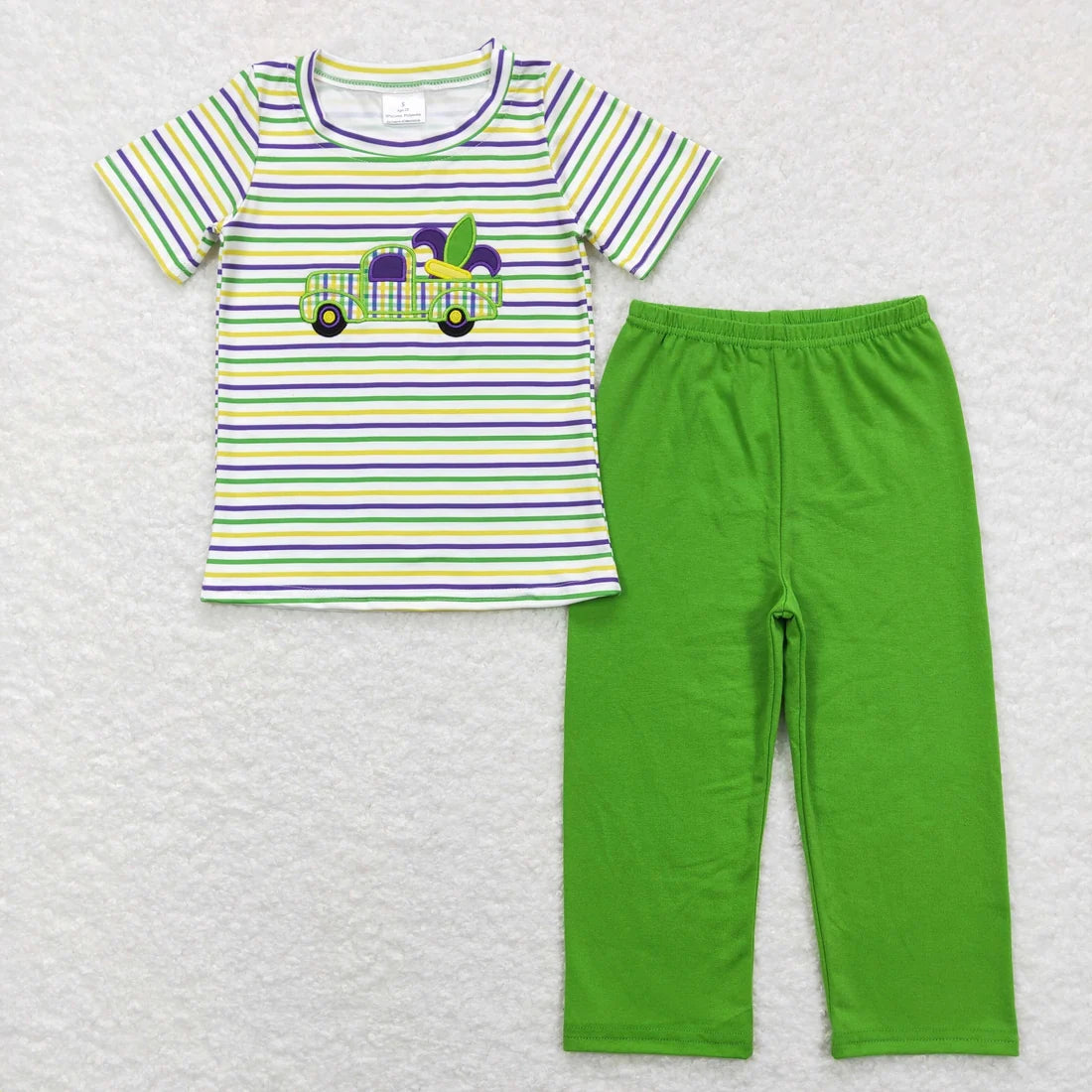 Sibling Baby Boys Girls Embroidery Truck Anchors Stripe Mardigras Clothes Sets Footie Romper