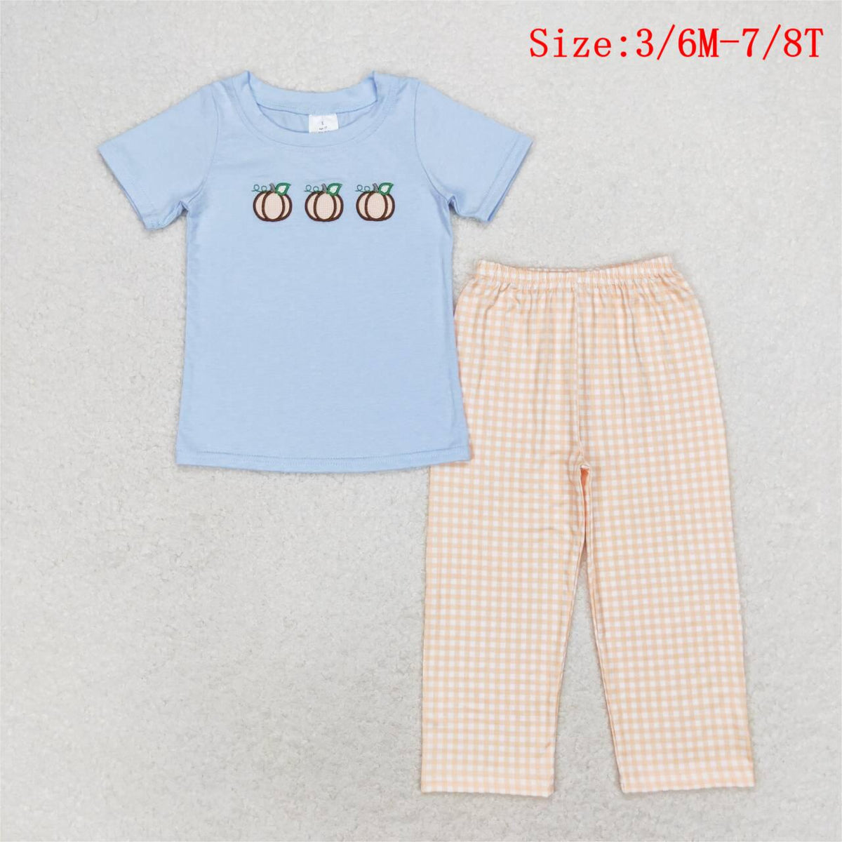 BSPO0371 Pumpkin Embroidery Blue Top Checkered Pants Boys Fall Clothes Set