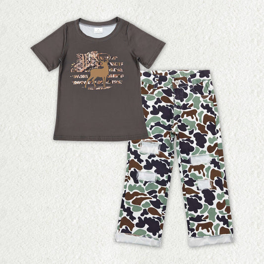 Sibling Baby Boys Short Sleeve Deer Fishing Top Denim Pants Hunting Clothes Sets