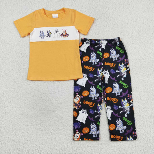 BSPO0406 Cartoon Dog Orange Top Boo Pumpkin Black Pants Boys Halloween Clothes Set