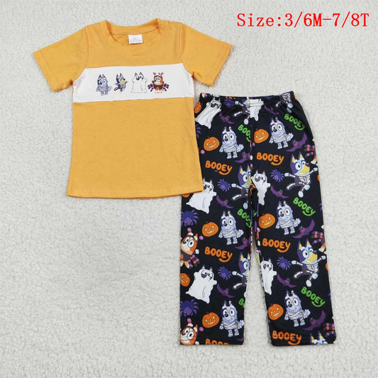 BSPO0406 Cartoon Dog Orange Top Boo Pumpkin Black Pants Boys Halloween Clothes Set