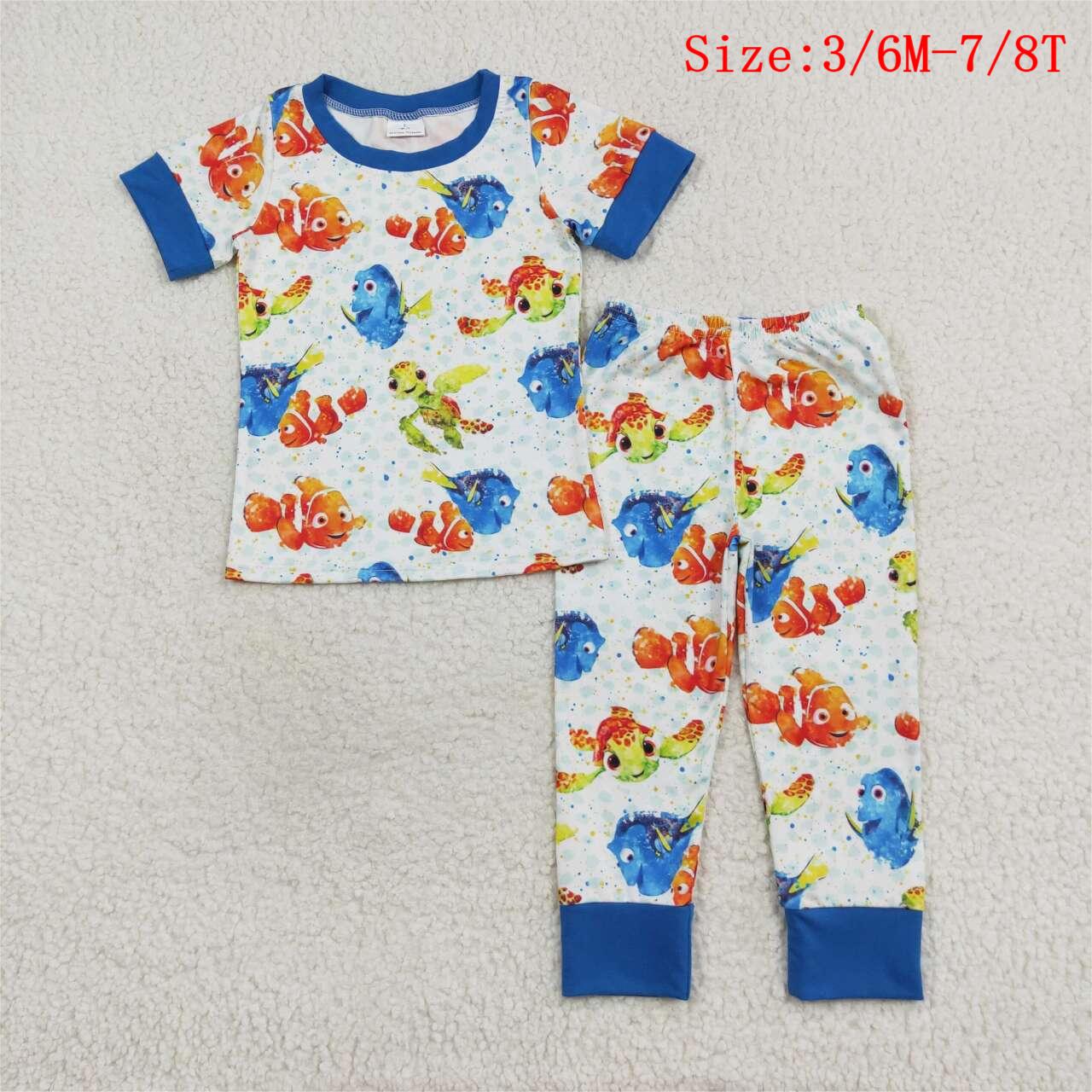 BSPO0419 Cartoon Fish Turtle Top Pants Boys Pajamas Clothes Set