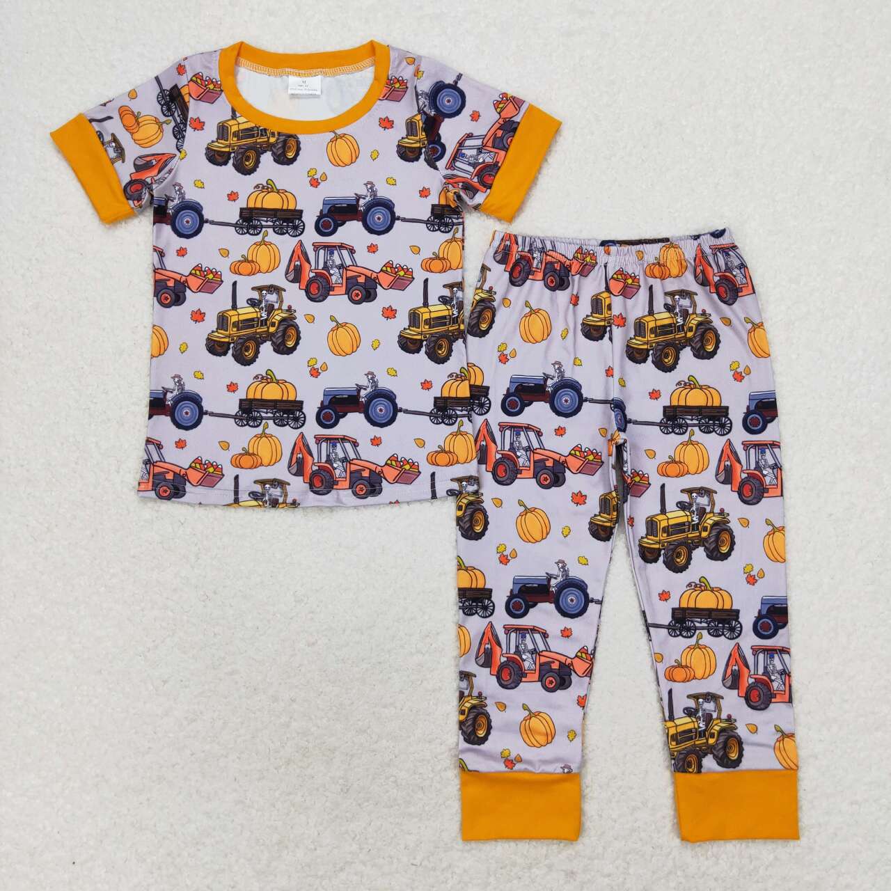 BSPO0422 Tractors Pumpkin Print Short Sleeve Pants Boys Fall Pajamas Clothes Set